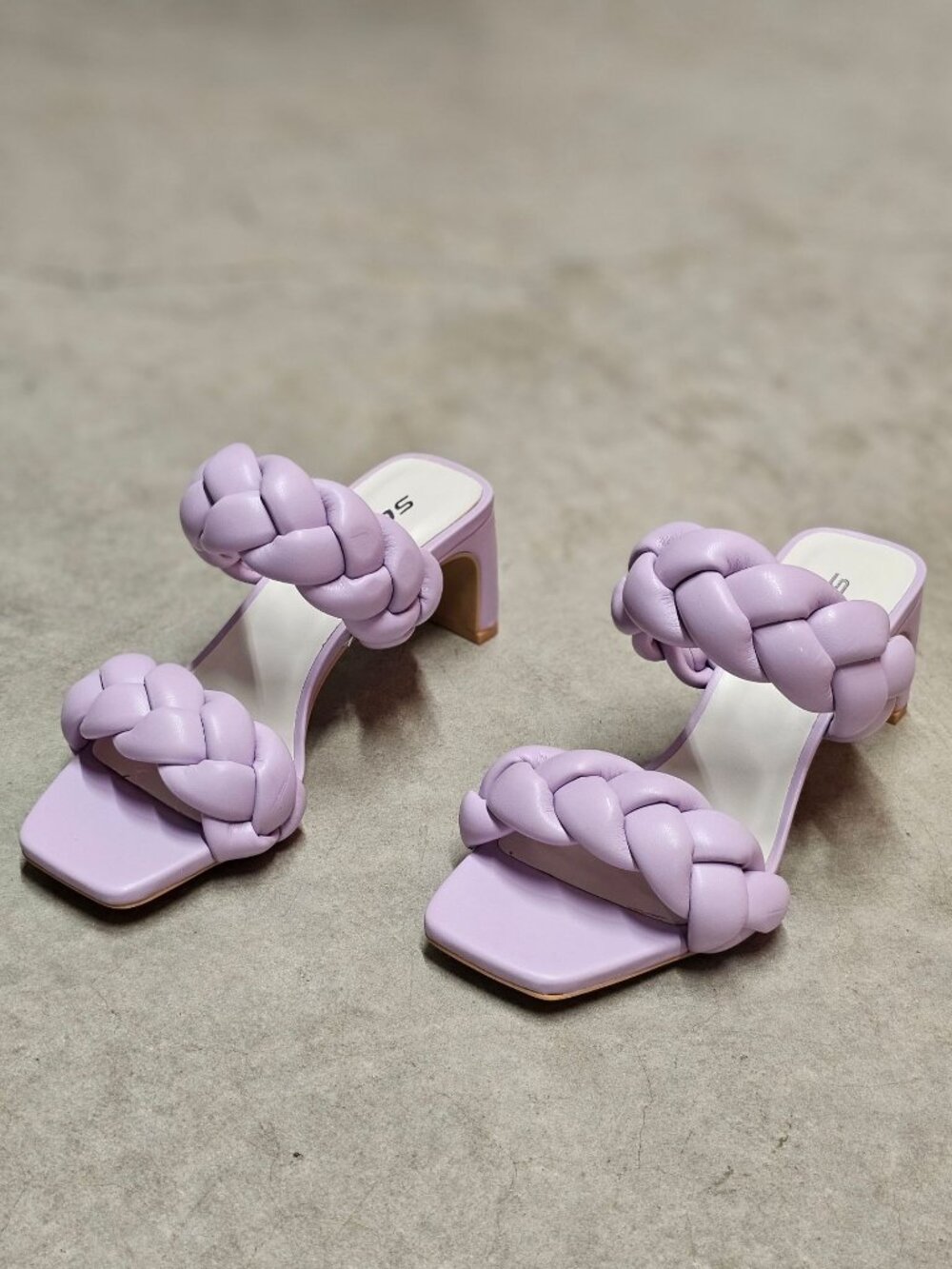 Braided Strap Lilac Block Heel Sandals For Women Square Toe Design With Faux Lea